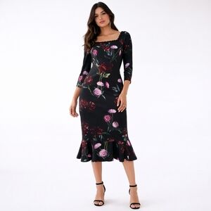 ERIN Fetherston Floral Dress Size 8 Black Pink Midi Ruffle Elegant Chic